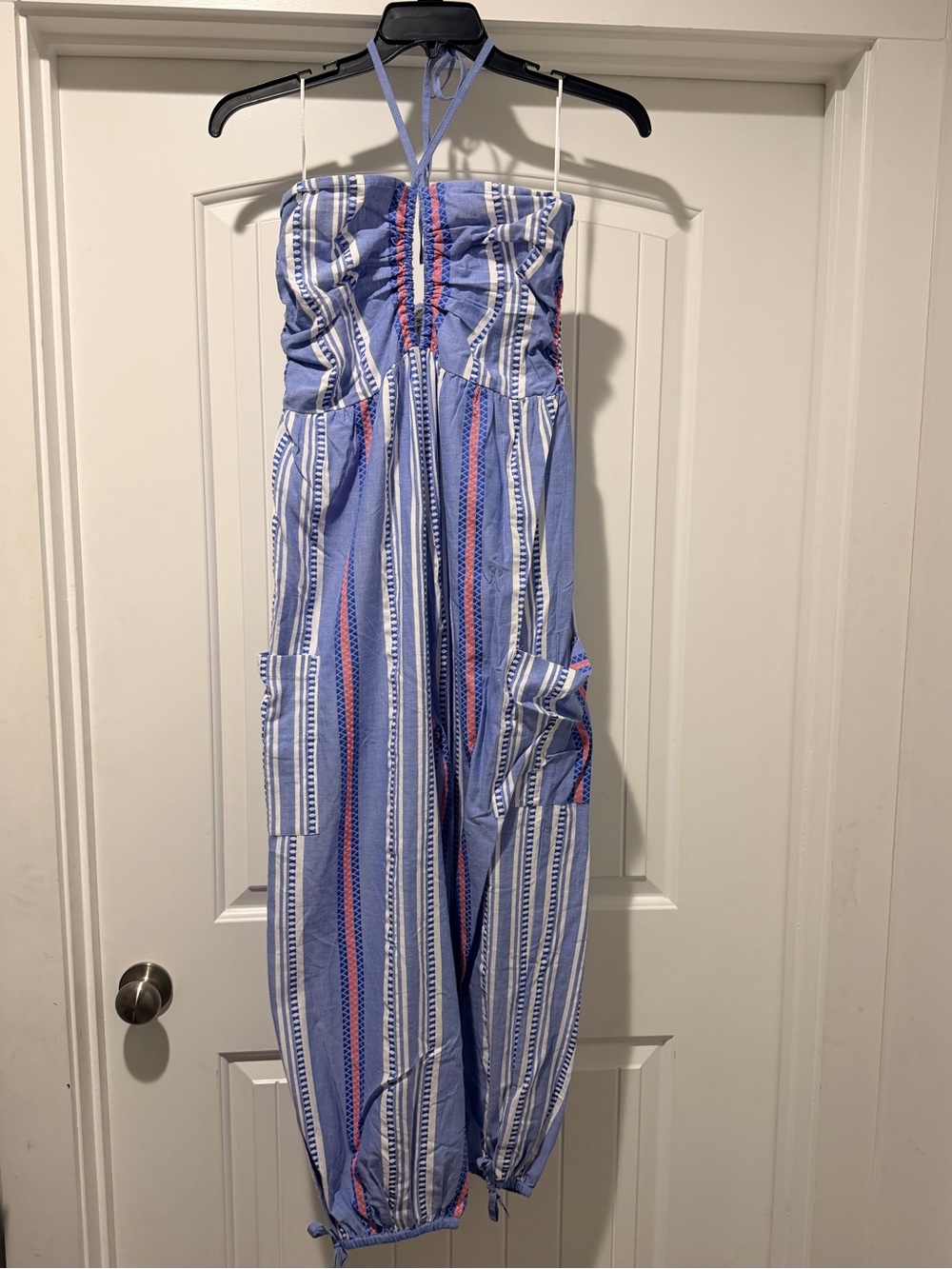En Creme Blue & White Striped Halter Jumpsuit with Pink Accents